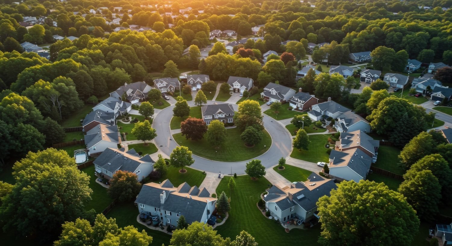 Aerial drone photo of a Long Island neighborhood cul-de-sac at golden hour